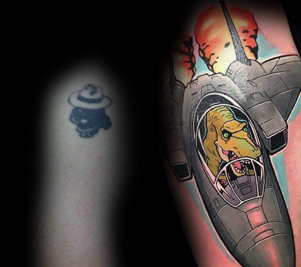 Jet With Dinosaur Pilot Tattoo Cover Up Ideas For Men