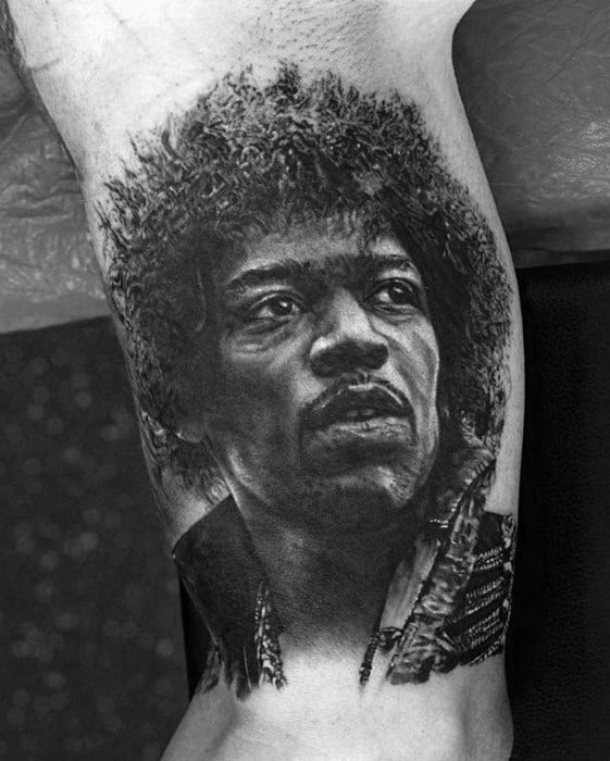 Jimi Hendrix Tattoo On Men On Inner Arm Bicep