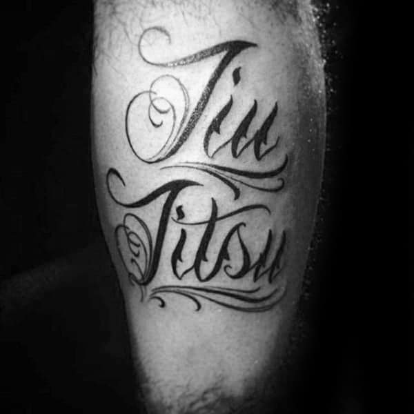 Jiu Jitsu Script Black Ink Leg Tattoos For Men