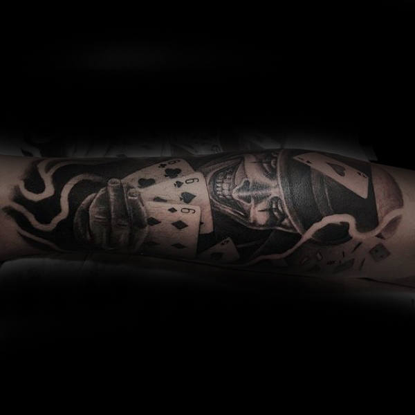 Joker Holding Playing Cards Mens Arm Sleeve Tattoo Inspiration