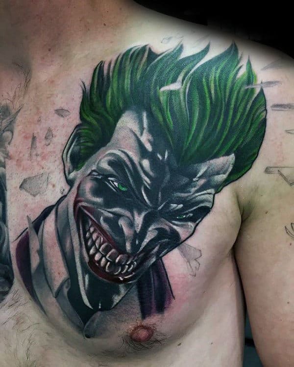Joker Portrait Guys Upper Chest Tattoo Designs