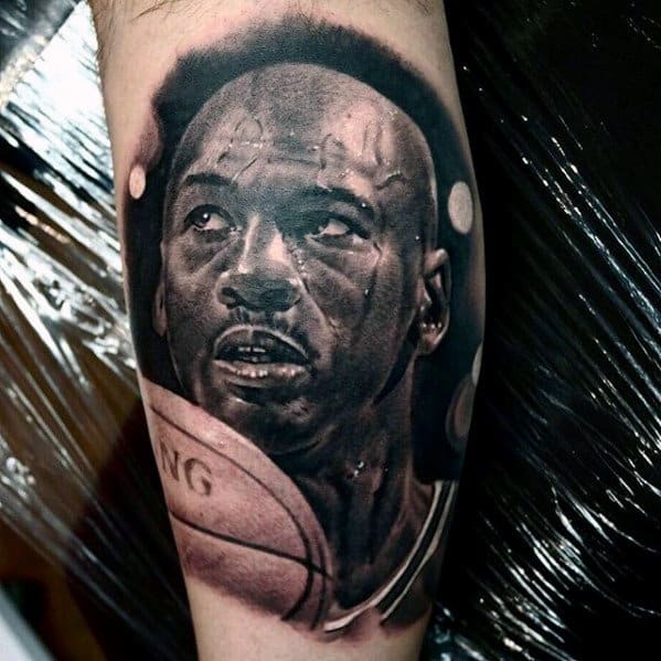 Jordan With Basketball Guys Portrait Leg Calf Tattoo