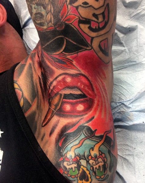 Juicy Red Lips Guys Armpit Tattoo Designs