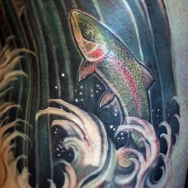 Jumping Trout From Water Guys Rib Cage Side Tattoo