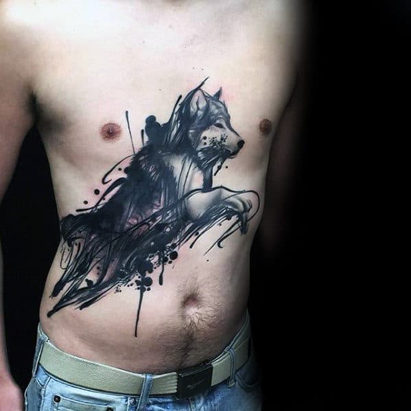 Jumping Worlf Unusual Mens Cool Chest Tattoo With Watercolor Design