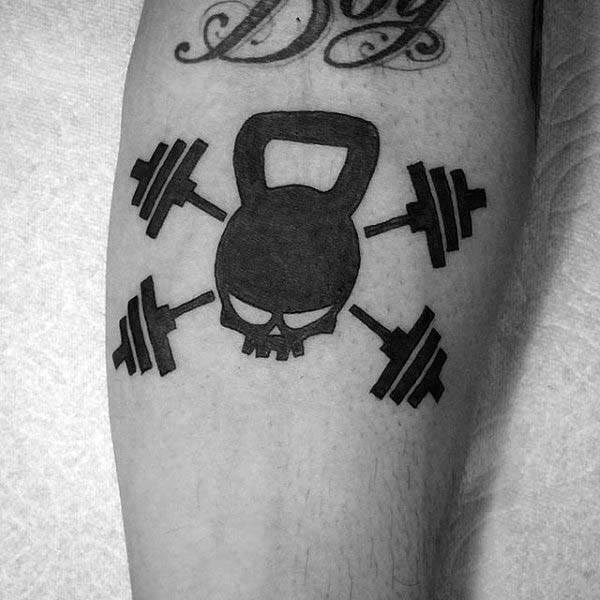 Kettle Ball With Dumbbells And Skull Small Mens Fitness Forearm Tattoo