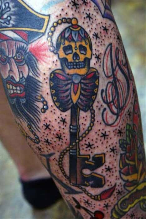 Key Tattoo Traditional Skull On Lower Leg For Men