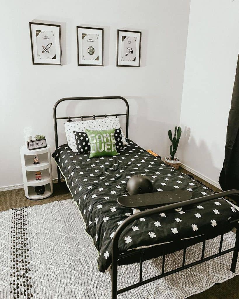 simple kids bedroom black bed frame white walls