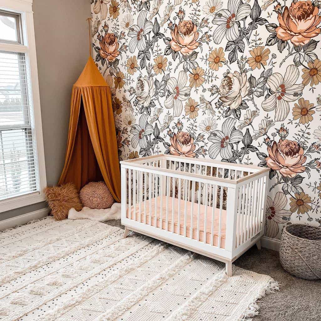 floral wallpaper baby bedroom white crib orange tepee 