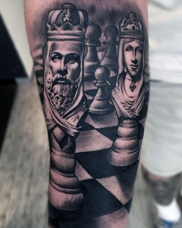 King Chess Piece With Realistic 3d Design Guys Arm Sleeve Tattoo