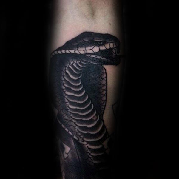 King Cobra Mens Black Ink Shaded Inner Forearm Tattoo Design Ideas