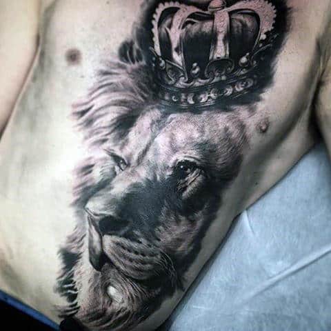 King Of The Jungle Animal Lion Wearing Crown Mens Stomach And Chest Tattoo
