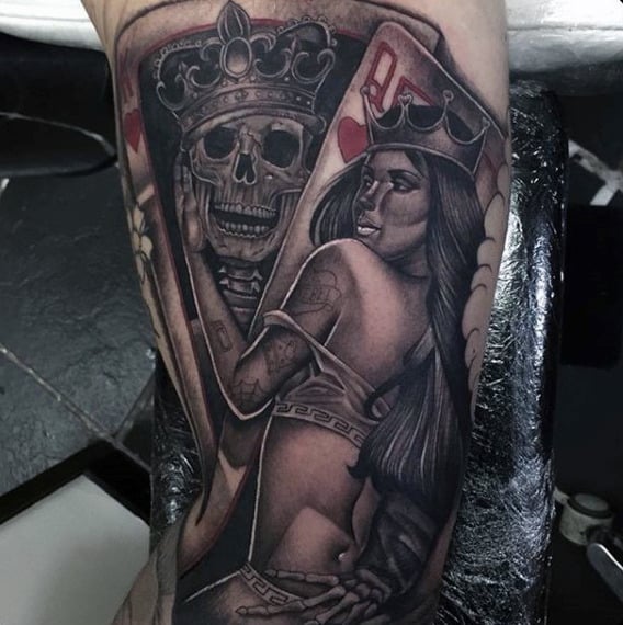King With Queen Guys Playing Card Arm Tattoo