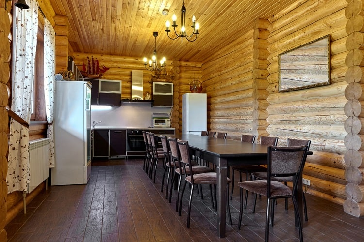 wood cabin kitchen beadboard ceiling