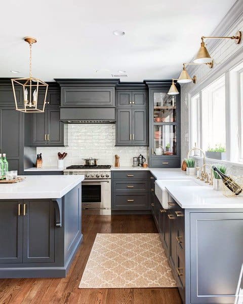 country design kitchen with gray cabinets and marble countertops 
