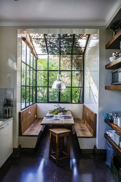 breakfast nook with skylight windows 