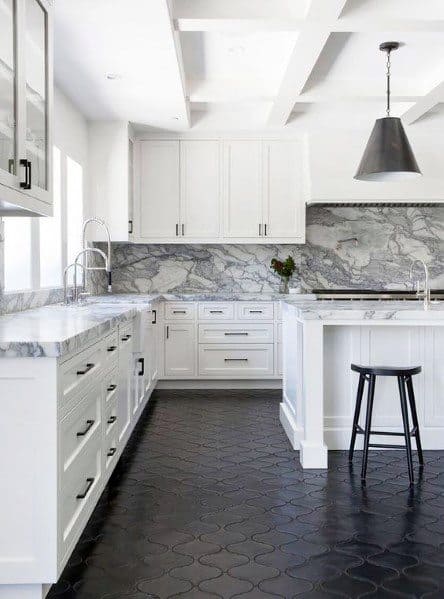 modern white kitchen marble countertops black tile flooring