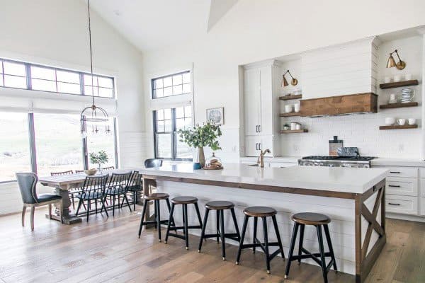 large white rustic kitchen white countertop dining table