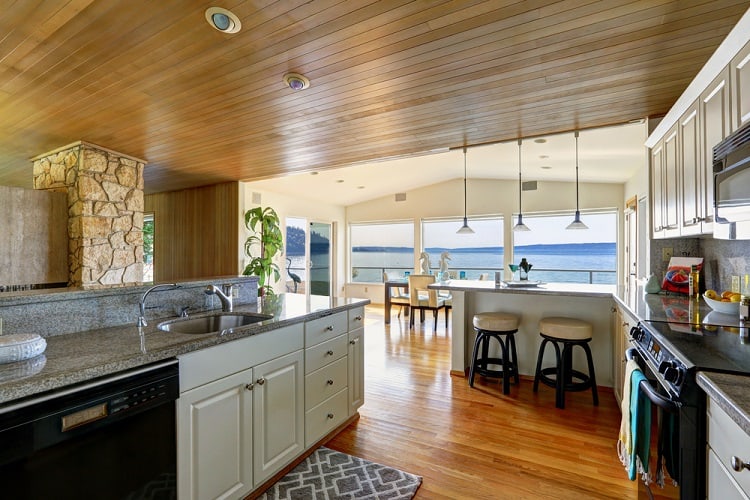 modern kitchen panelled beadboard ceiling