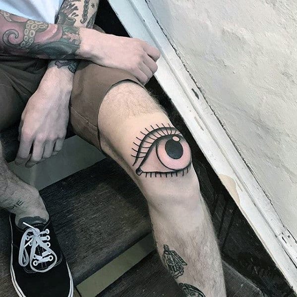 Knee Cap Traditional Eye Tattoos For Men With Black Ink Design