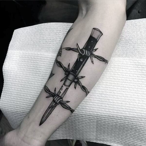 Knife Blade Barb Wire Tattoo Designs For Guys On Inner Forearm