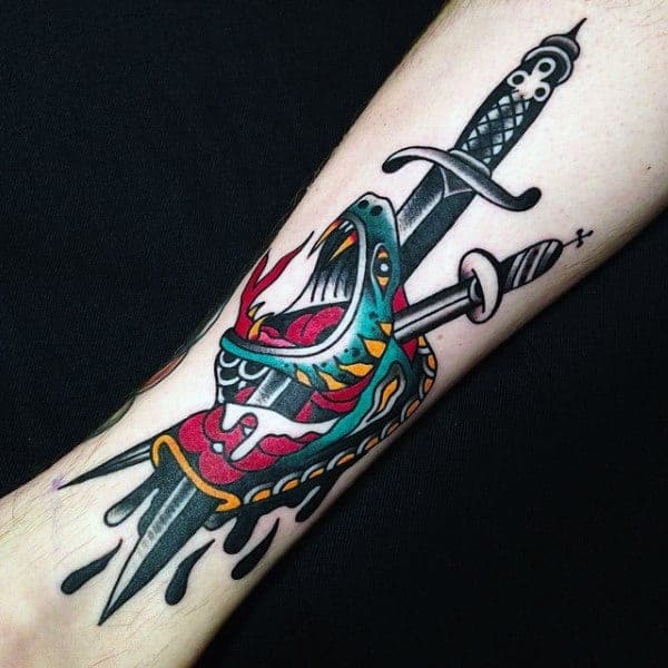 knife-piercing-snake-tattoo-mens-forearms
