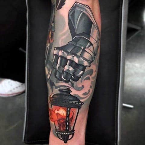 Knight Gauntlet Holding Lantern On Fire Male Leg Tattoos