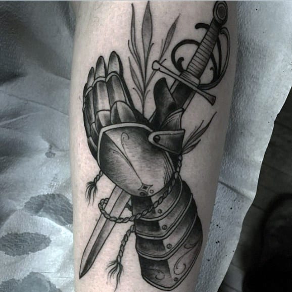 Knight Hand Armor Holding Sword Mens Tattoo