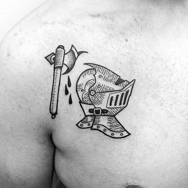 Knight Helmet With Battle Axe Mens Badass Small Upper Chest Tattoo