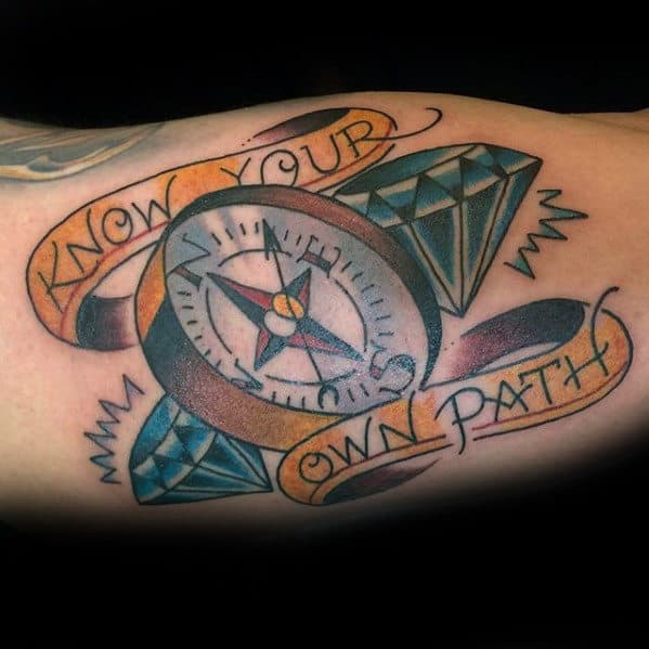 Know Your Own Path Compass With Diamond Traditional Inner Arm Bicep Tattoo For Guys