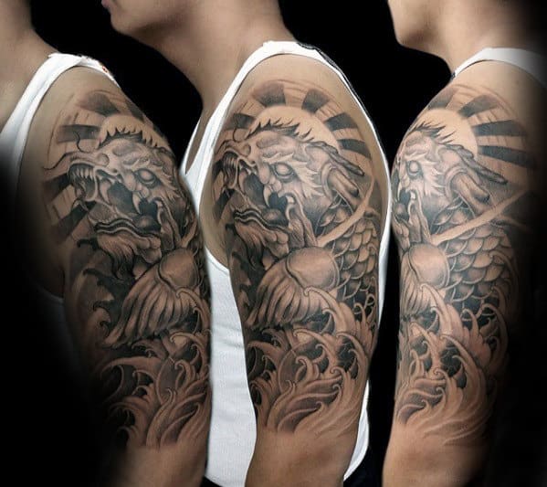 Koi Dragon Japanese Mens Rising Sun And Ocean Waves Half Sleeve Shaded Tattoo Ideas