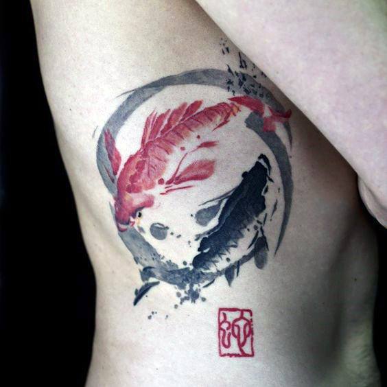 Koi Fish Circle Red And Black Tattoo Ideas On Guys Rib Cage Side Of Body