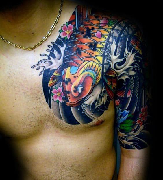 Koi Fish Colorful Cherry Blossom Mens Japanese Half Sleeve And Chest Tattoos