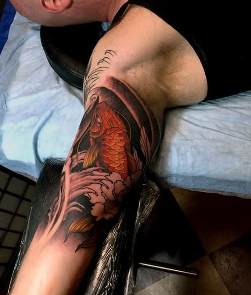Koi Fish Leg Calf Tattoo On Man