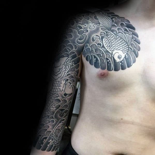 Koi Fish Swimming In Water Waves Guys Japanese Half Sleeve Tattoo Ideas