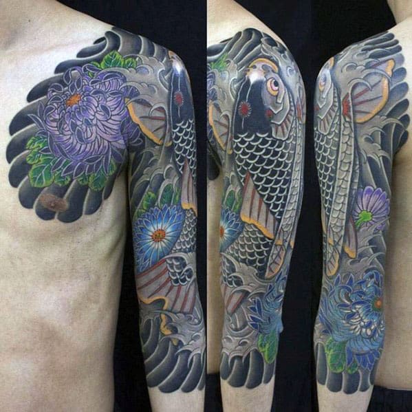 Koi Fish With Flowers Half Sleeve Japanese Tattoos For Men