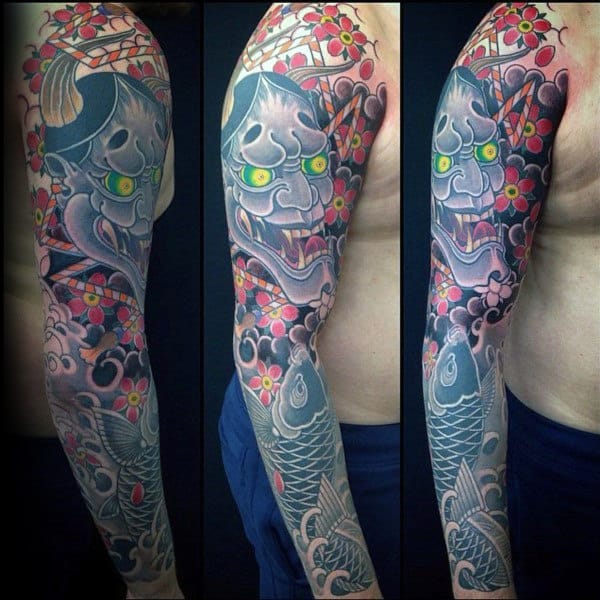 Koi Fish With Mask Male Cherry Blossom Flower Sleeve Tattoo Designs