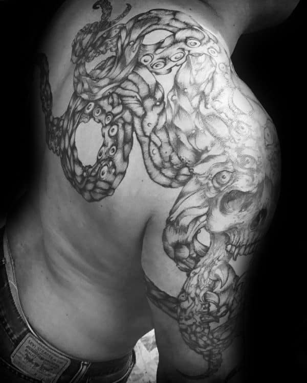 Kraken Arm And Back Tattoos For Males