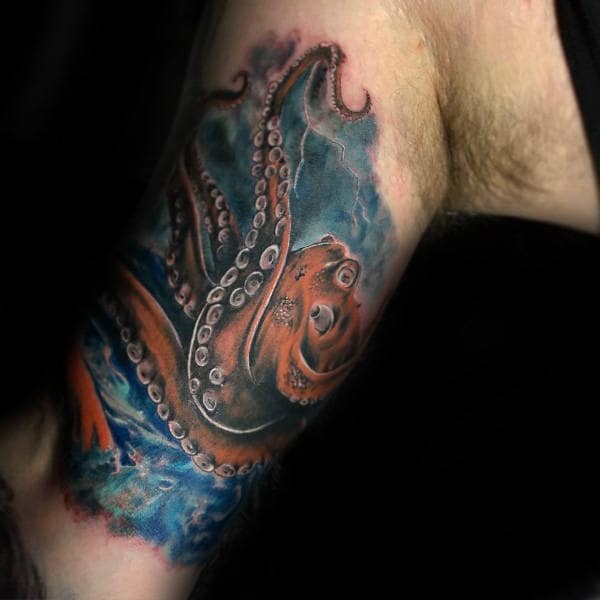 Kraken In Blue Sea Watermale Watercolor Bice Quarter Sleeve Tattoo