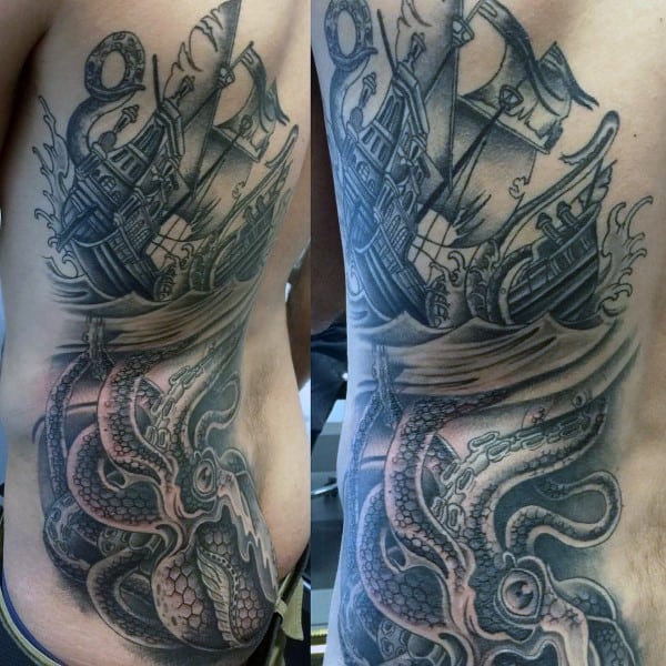 Kraken Pulling Ship Underwate Mens Rib Cage Side Of Body Tattoo