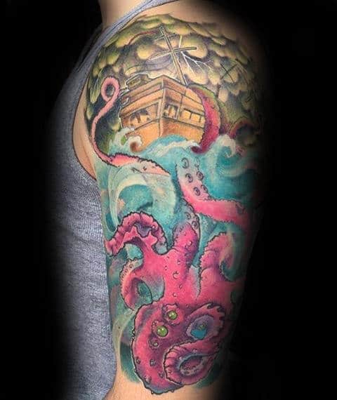 Kraken Ship In Storm Half Sleeve Male Tattoos