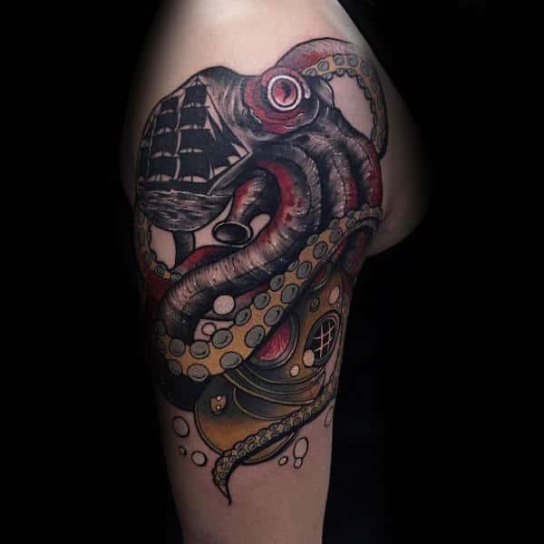 Kraken Swallowing Ship Hole Mens Upper Arm Tattoo