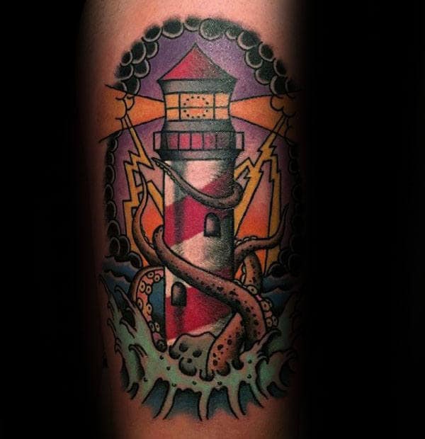 Kraken Traditional Lighthouse Mens Arm Tattoos