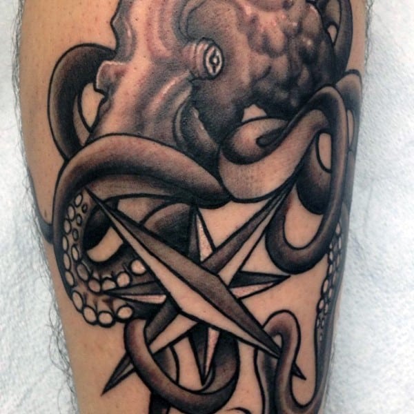 Kraken With Nautical Star Mens Arm Tattoos