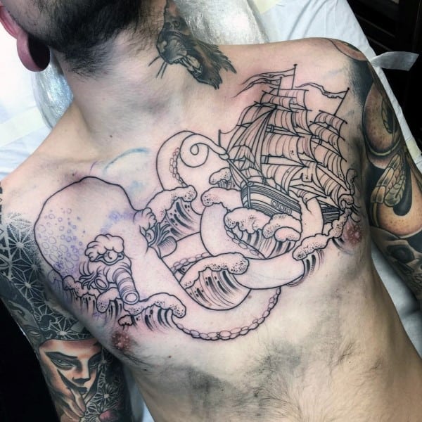 Kraken With Tentacles Wrapped Around Ship Mens Chest Tattoo Ideas