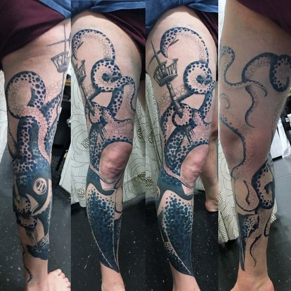 Kraken Wrapped Around Leg Mens Tattoos