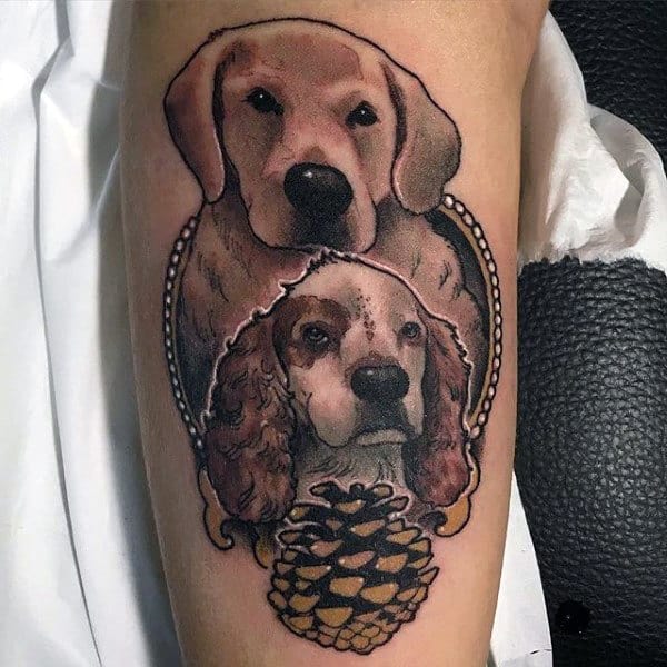 Labrador Retriever Mens Upper Arm Tattoo With Pinecone