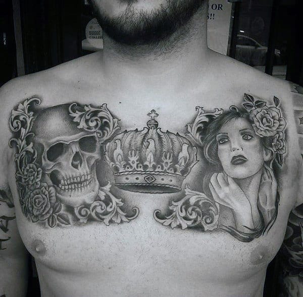 Lady And Skull With Crown Tattoo On Chest For Men