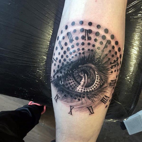 Lady Inside Eye Timepiece Dotted Design Tattoo Mens Forearms