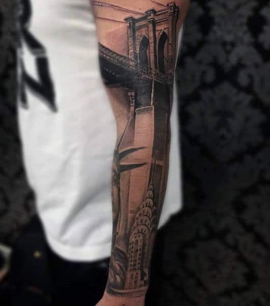 Lady Liberty Sleeve With New York City Bridge Mens Tattoo